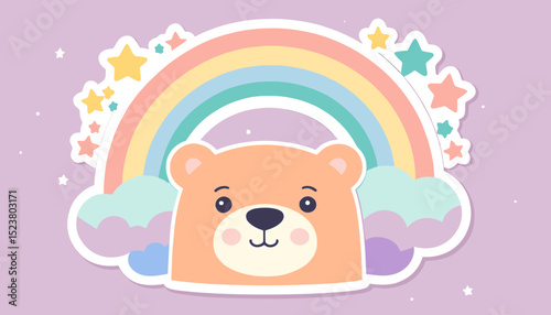 Cute Cartoon Bear with Colorful Rainbow and Stars on Pastel Background for Children's Decor
