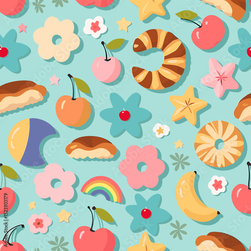 Colorful Seamless Pattern with Fruits and Pastries on a Light Blue Background for Fun and Whimsical Designs