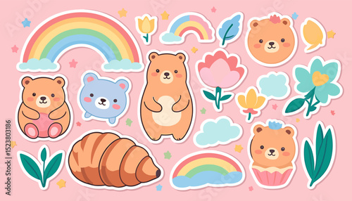 Cute Bear and Rainbow Stickers on Pink Background with Flowers and Clouds for Kids and Scrapbooking