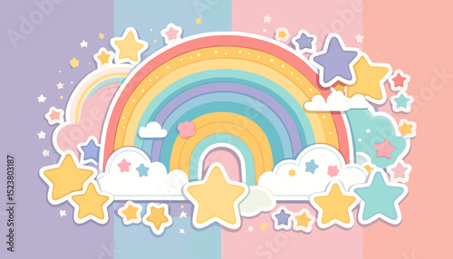 Colorful Rainbow and Stars Illustration with Clouds on Pastel Background for Children's Decor and Design