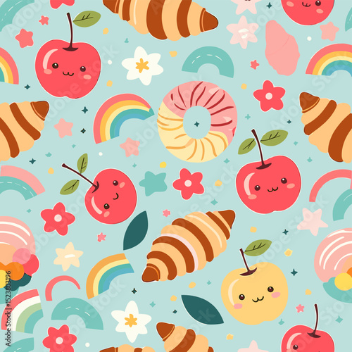 Cute Seamless Pattern with Kawaii Fruits, Pastries, Rainbows, and Stars on a Light Blue Background for Kids' Products and Decor