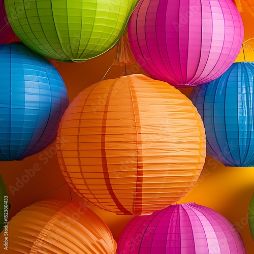 **Colorful Paper Lanterns Designed For Diwali Or Festival Decor, Photographed From A Slightly Angled Top-Down View. Use Bright Oranges, Pinks, And Purples With Cut-Out Patterns Casting Soft Shadows. I