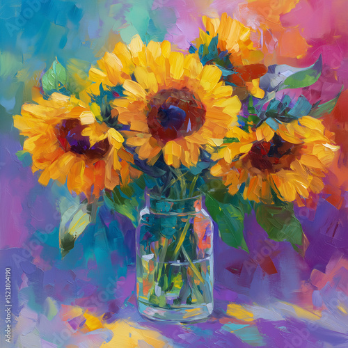 Wallpaper Mural bouquet of sunflowers in vase, wall art oil painting style Torontodigital.ca