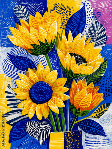 Wallpaper Mural Wall art with sunflowers in vase, colorful painting style illustration Torontodigital.ca