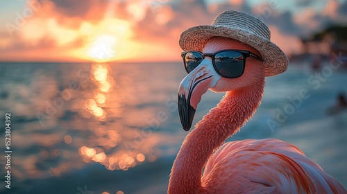 Flamingo wearing sunglasses and straw hat posing at the beach during a colorful sunset with soft waves and golden light Generative AI