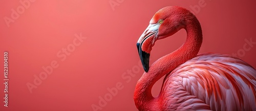 Closeup of a vibrant pink flamingo with detailed feathers against a solid coral background in a minimalist studio style Generative AI