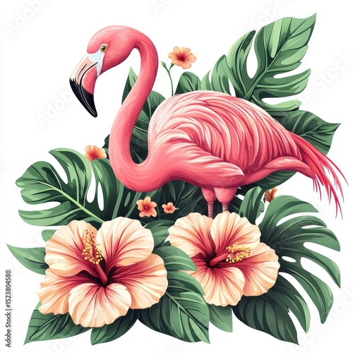 Tropical illustration of a pink flamingo standing among large green leaves and peach-colored hibiscus flowers on a white background Generative AI