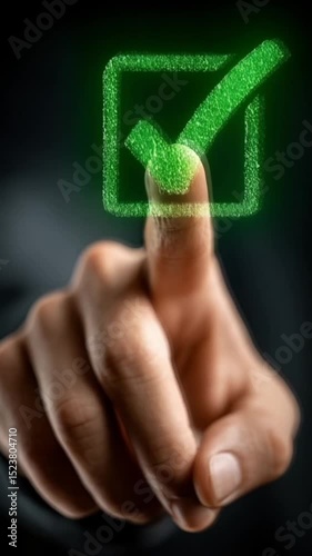  Hand Touching Green Checkmark Icon on Virtual Screen 