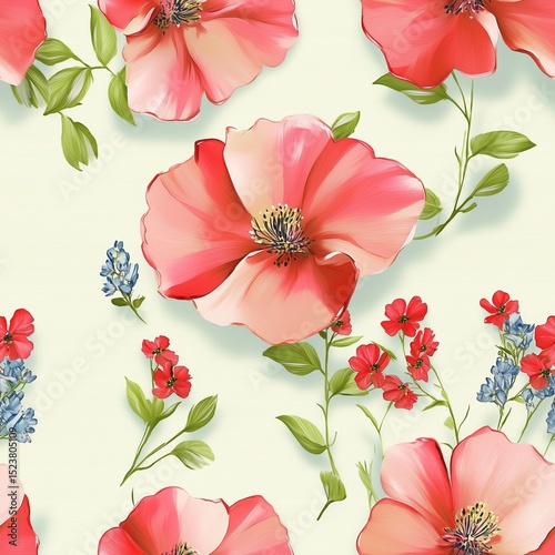 A striking seamless pattern showcasing large, stylized 3D poppy-like flowers in shades of pink and red, complemented by smaller blue accent blossoms and green foliage, on a creamy white background.