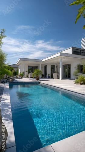 Luxury modern villa with swimming pool and outdoor patio, perfect for summer vacation, showcasing architectural design and relaxing atmosphere