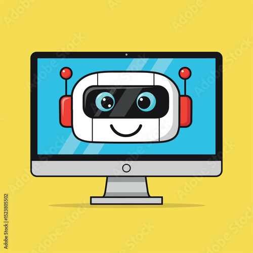 Cute Cartoon Robot Head on Computer Screen