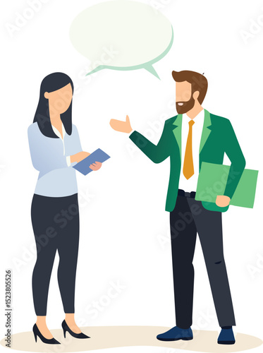 Business Meeting Illustration with Speech Bubble Featuring a Man and Woman Discussing Work Projects