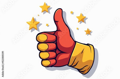 A stylized vector illustration of a work glove giving a thumbs-up, with three stars floating above the hand