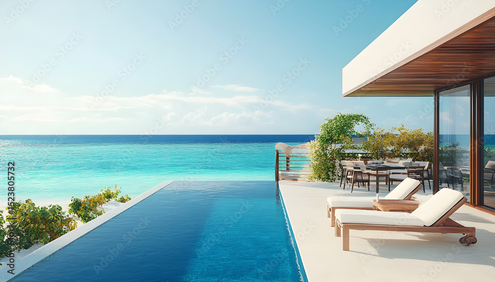 Fototapeta premium Sea view. Luxury modern hotel on white beach with swimming pool. Sun lounger on terrace for holiday home or hotel