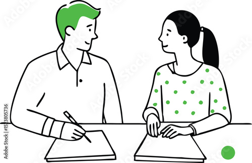 Two People Discussing Documents with Green Accents in a Clean Line Art Style