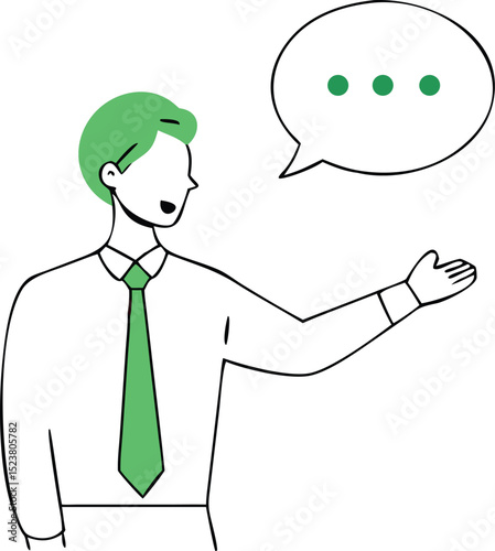 Minimalist Illustration of a Man Presenting with a Speech Bubble and Green Accents