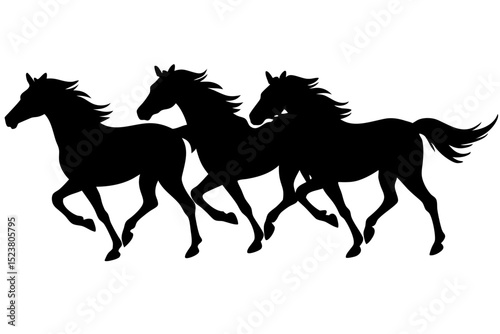 Three horse running and rider silhouettes on white background
