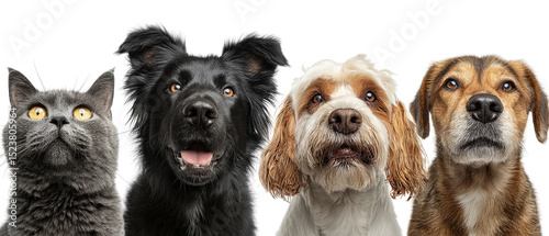 Group of domestic pets including cats and dogs looking up together, isolated on a Transparent background, PNG file.