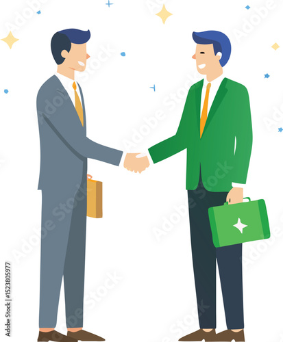 Business Agreement Two Businessmen Shaking Hands to Seal a Deal with Stars and Confetti Background