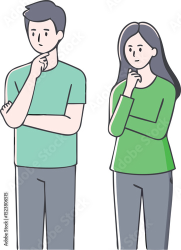 Drawn man and woman in thinking poses contemplating ideas problem solving and making decisions together isolated on white