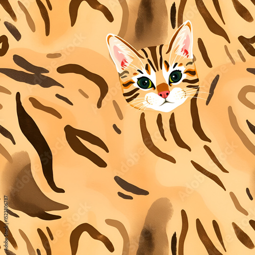 This watercolor tabby pattern flows like a cat's purr in earthy hues.