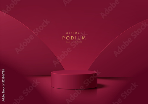 Dark red 3D cylindrical podium background with curve backdrop. Studio wall scene. Minimalist mockup pedestal. Abstract stand product display presentation. Stage for showcase. Vector platform design.