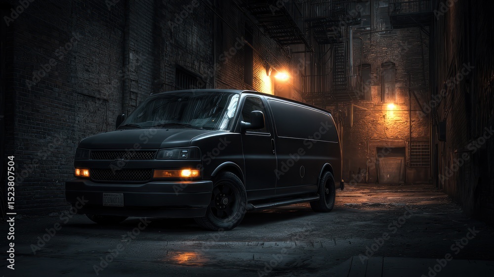 Fototapeta premium Dark van in urban alley at night