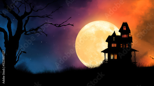 Mysterious haunted house under a full moon