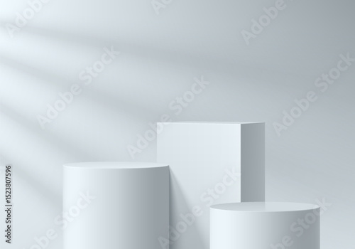 Realistic white 3D cylindrical product podium background with window light wall scene.