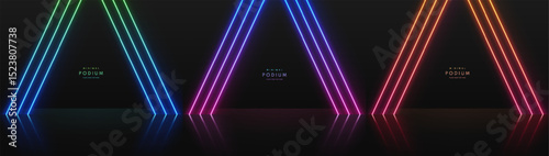 Set of 3D black desk or podium background with red, green and blue neon lighting lines wall scene. Abstract minimal mockup product display presentation, Stage showcase. Platform vector geometric.