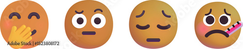 Emoji Faces Set – Hand Over Mouth, Raised Brow, Pensive, Thermometer
