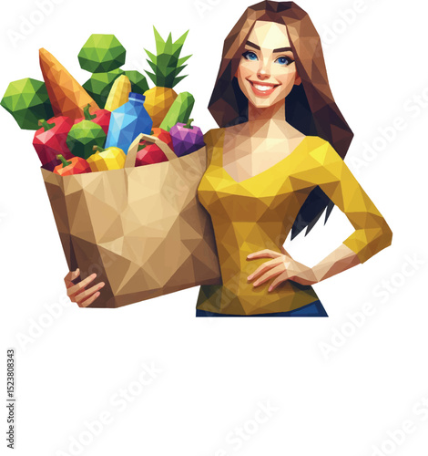 Cheerful woman holding a huge grocery shopping bag, in low poly style 