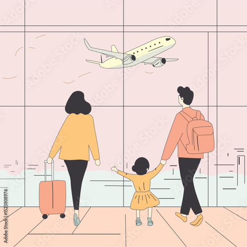 Family Watching Airplane at Airport – Travel and Vacation Concept Illustration
