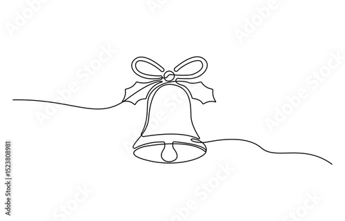 Continuous one line drawing Christmas bells, hand bell, jingle bells with holly berry illustration, Christmas holiday. Line art, outline, silhouette, vector illustration.