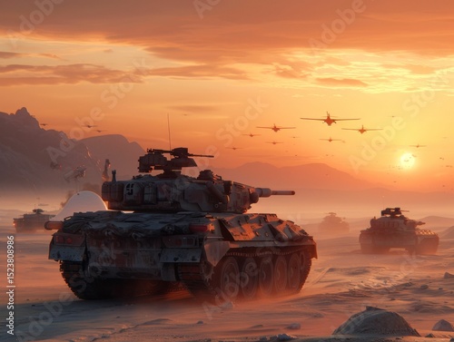 Epic war scene with tanks and aircraft during a stunning sunset, symbolizing conflict, power, and military might in the desert.