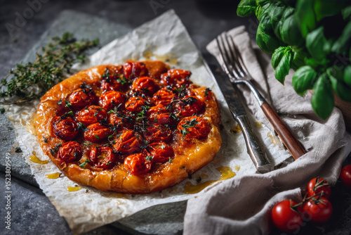 Fresh tomato tart served on a rustic table