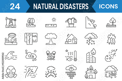 Natural disaster icon, vector set.  Natural pollution, earthquake, volcano, tsunami, desert, drought, disaster,  flood, tsunami editable stroke icons. Vector illustration.