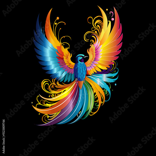 Colorful Abstract Bird with Floral Elements on Black Background
