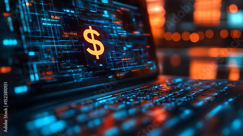 Digital currency laptop interface dollar sign glowing on screen for fintech or financial investment