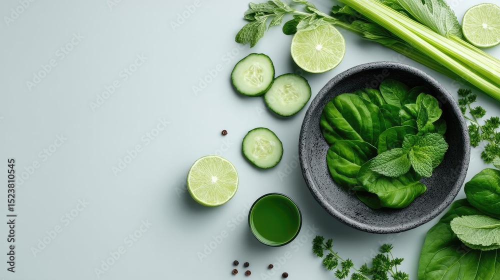 Obraz premium Alkaline foods for uric acid by remedy and metabolism balance concept. Fresh green ingredients including spinach, celery, and lime.