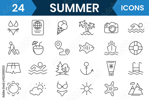 Summer icons vector set. Outline icon of summer vacation and beach web icons,  hotel, passport, maps, landscape, camera, Travel, holiday, tourism icon. Vector illustration.