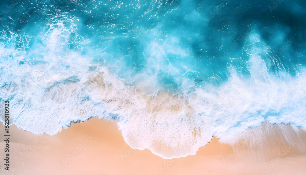 Obraz premium Ocean waves on the beach as a background. Beautiful natural summer vacation holidays background. Aerial top down view of beach and sea with blue water waves
