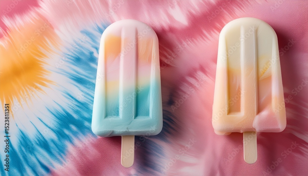 Obraz premium Top view of pastel colors popsicle on pastel tie dye background with copy space. Generated image