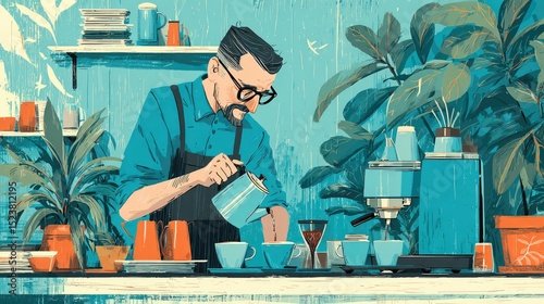 Lifestyle illustration Coffee addict lifestyle barista pulling espresso shots expertly behind counter aroma filling air thickly