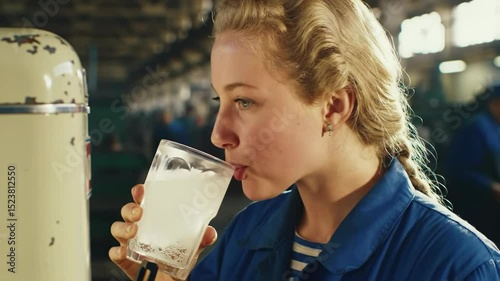 A young woman smiles as she savors a cool beverage amidst the bustling activity of a factory. The warm atmosphere highlights friendship and relaxation during the summer