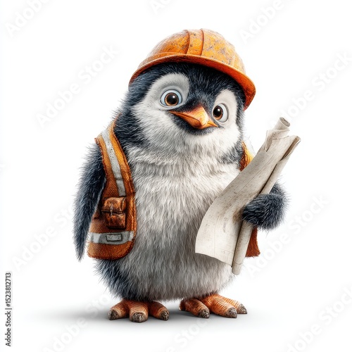 Penguin construction worker reviews plans with a confident smile in a safety vest and hard hat
