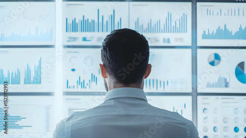 A professional analyzing multiple digital data dashboards with charts and graphs on large screens.