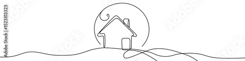 Black house under moon in single line art style. Editable minimalist house drawing on white background. Vector illustration.