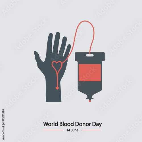 Minimalist silhouette vector of a human hand connected to a blood bag, forming a heart shape with the tube. Symbolizes love, life, and giving on World Blood Donor Day. red, black, Jun 14