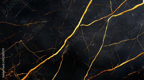 Elegant black marble slab with striking gold and orange veining, creating a luxurious and modern surface pattern.